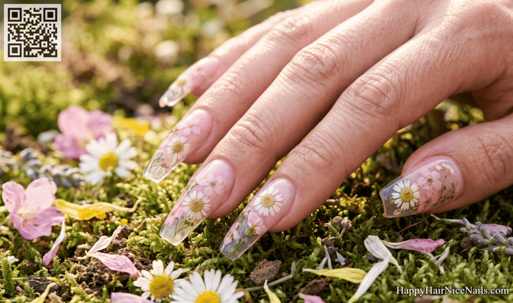 Pink Spring Nails With Pressed Flower Encapsulation