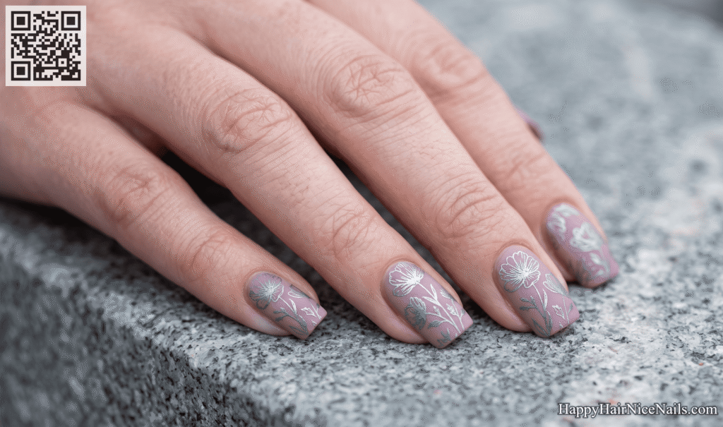 . Dusty Mauve Pink Spring Nails With Silver Stamping