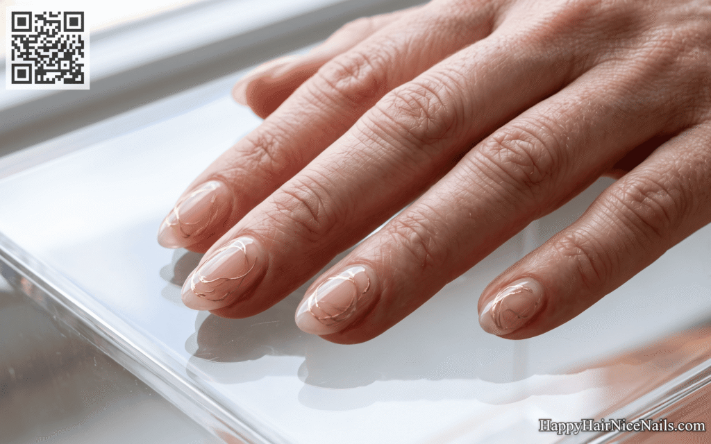 Translucent Pink Spring Nails With Gold Swirls