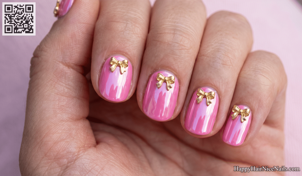 Glossy Bubblegum Pink Nails with 3D Bow Charms