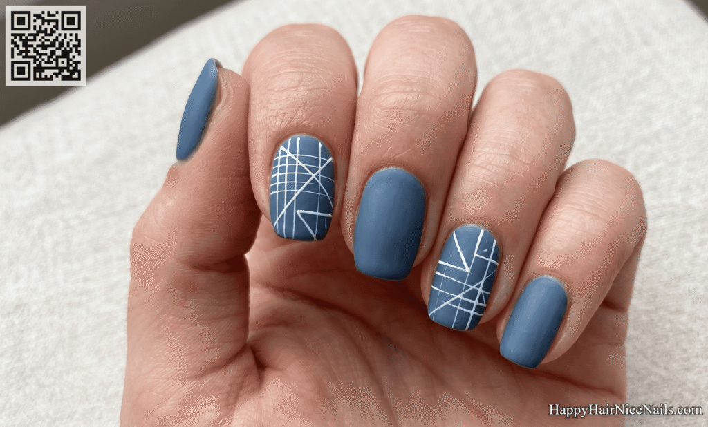 Short Spring Nails in Dusty Blue with Geometric Lines