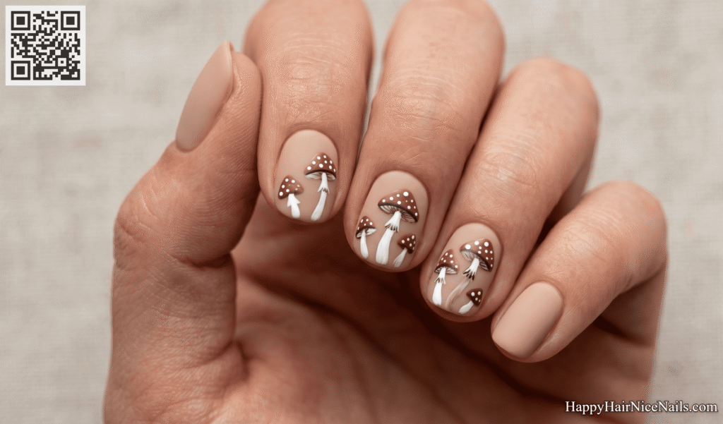 Short Spring Nails with Painted Mushroom Caps