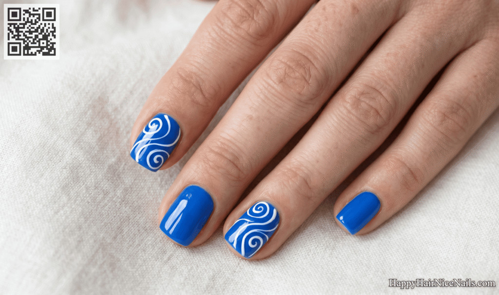 Short Spring Nails in Electric Blue with White Swirl