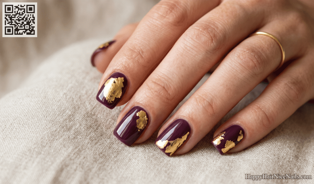 Short Spring Nails with Dark Plum and Gold Foil
