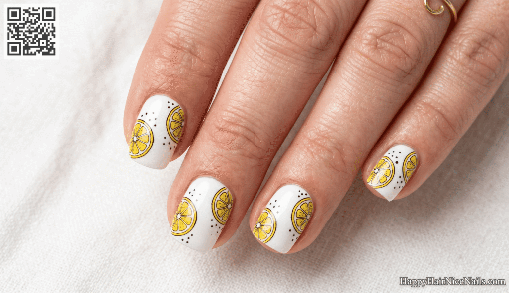  Short Spring Nails with Stamped Lemon Slices