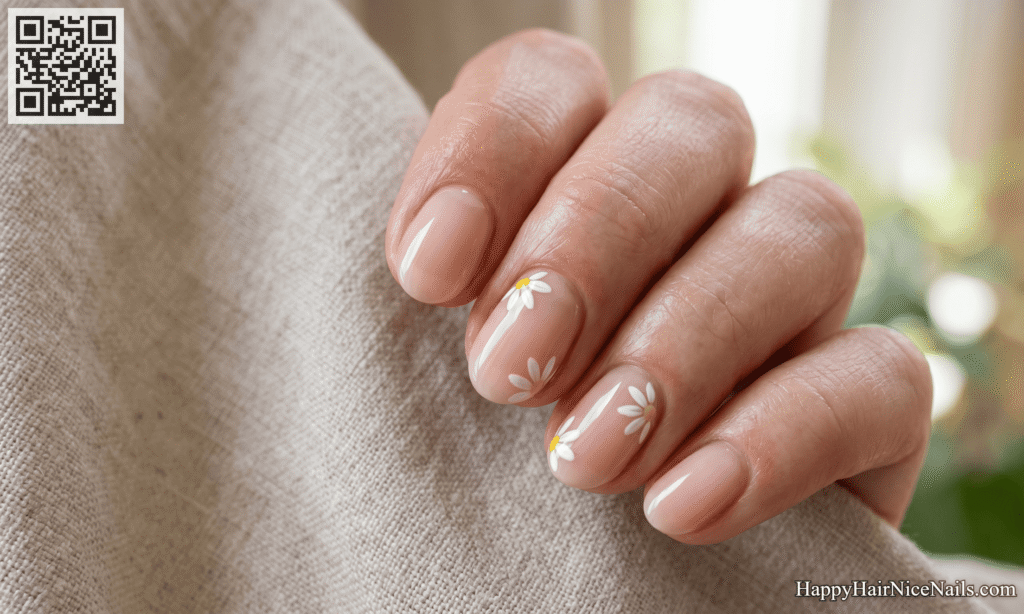 Short Spring Nails with Micro Daisy Accents