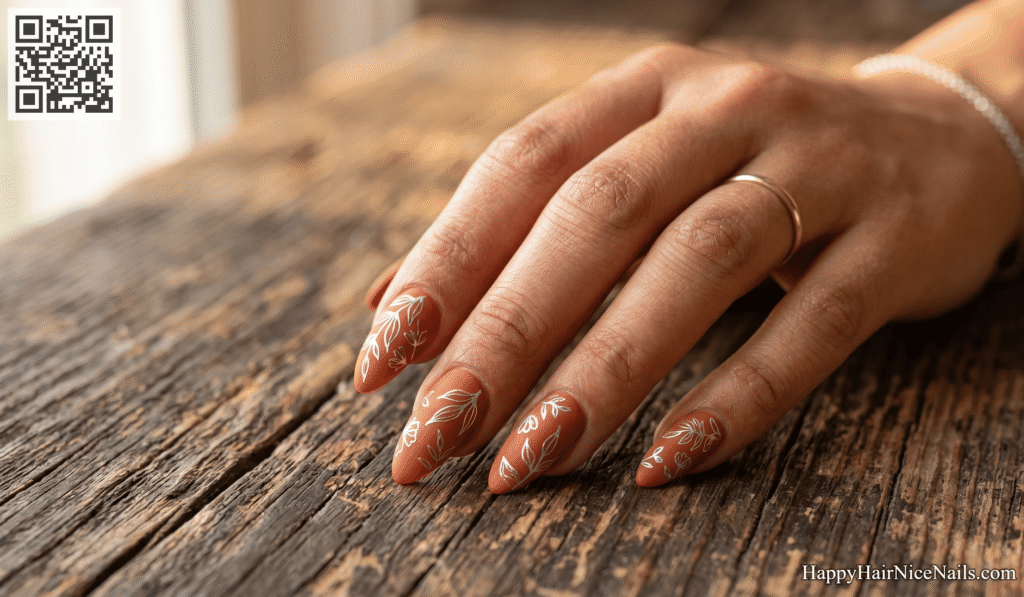 Burnt Orange with Thin Silver Line Art Spring Almond Nails