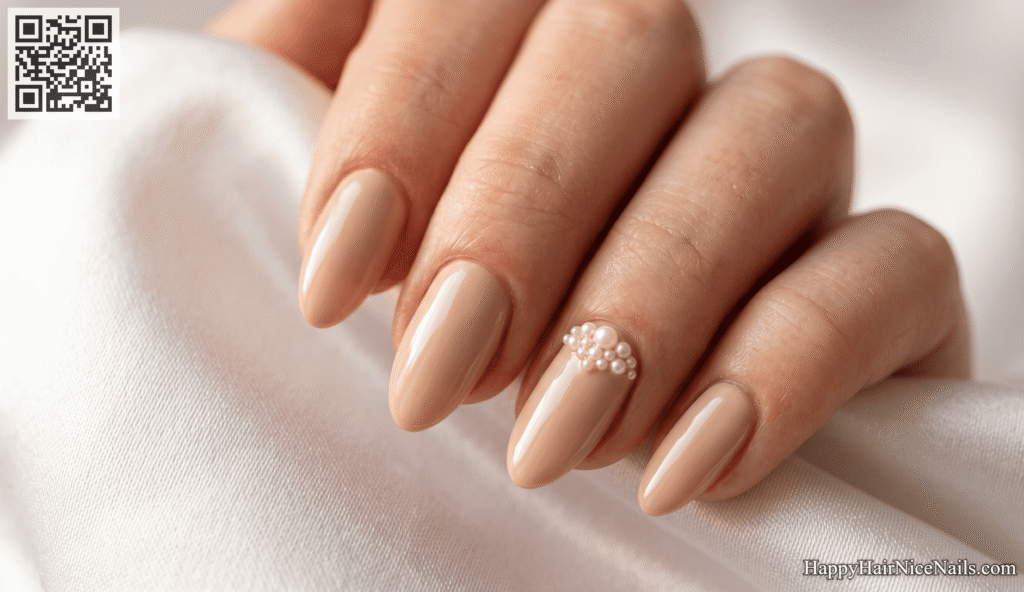Champagne with Pearl Bead Cluster Spring Almond Nails