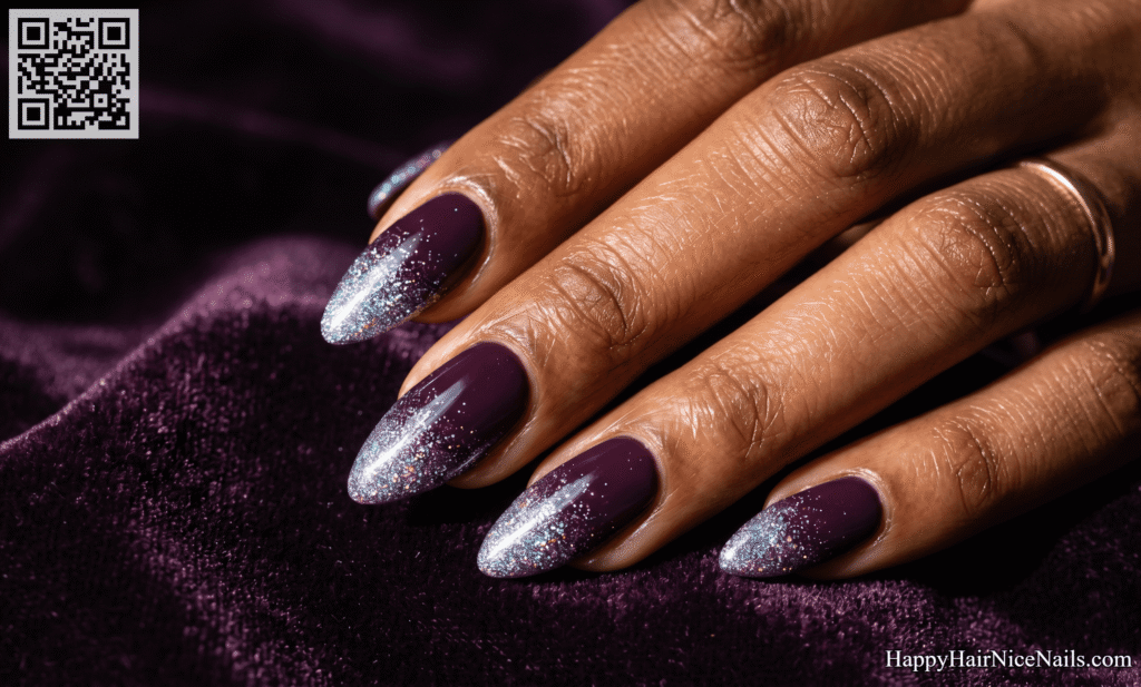 Deep Plum with Holographic Glitter Spring Almond Nails