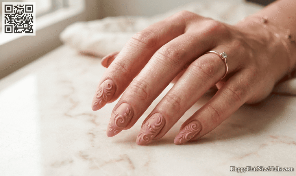 Dusty Rose with Embossed Swirl Texture Spring Almond Nails