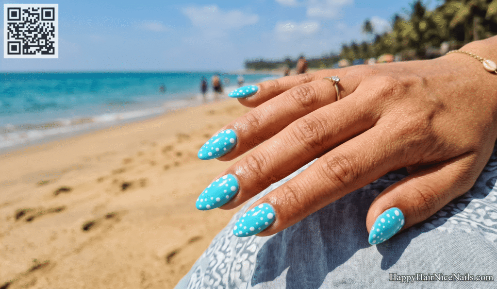 Aqua with Floating White Dots Spring Almond Nails