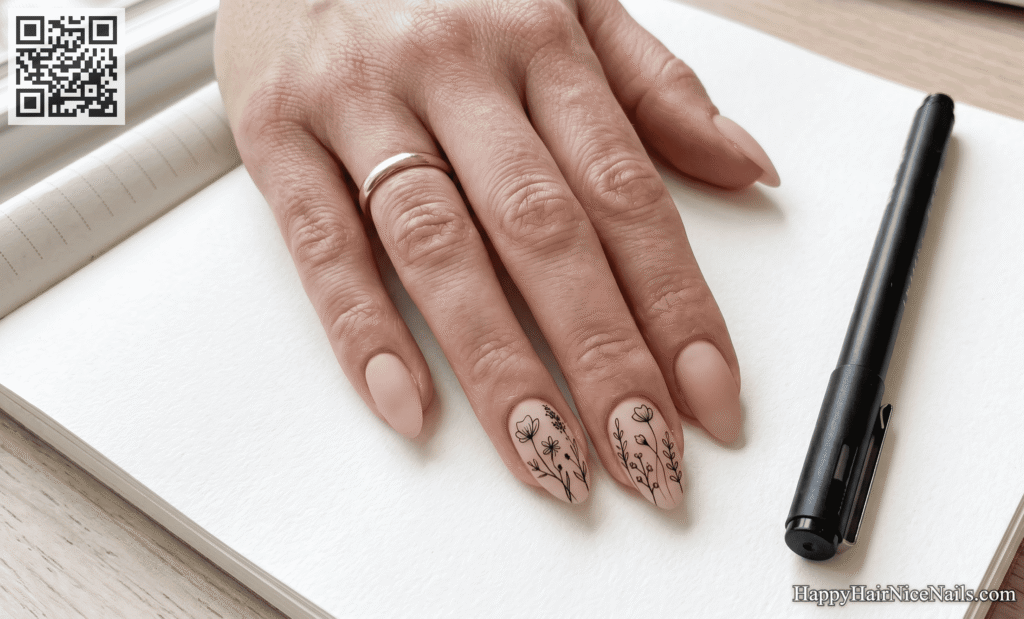 Nude with Black Botanical Sketches Spring Almond Nails