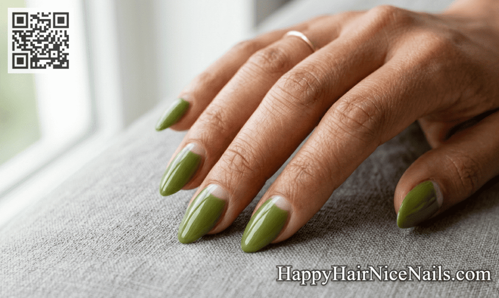 Olive Green with Negative Space Half-Moon Spring Almond Nails
