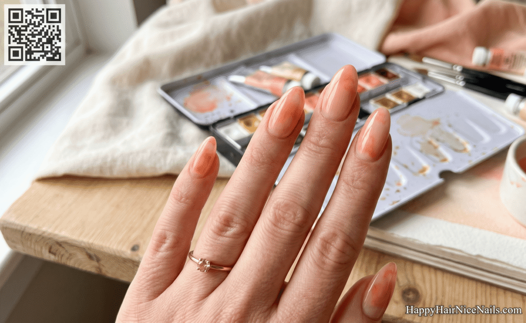 Watercolor-Wash Peach Spring Almond Nails