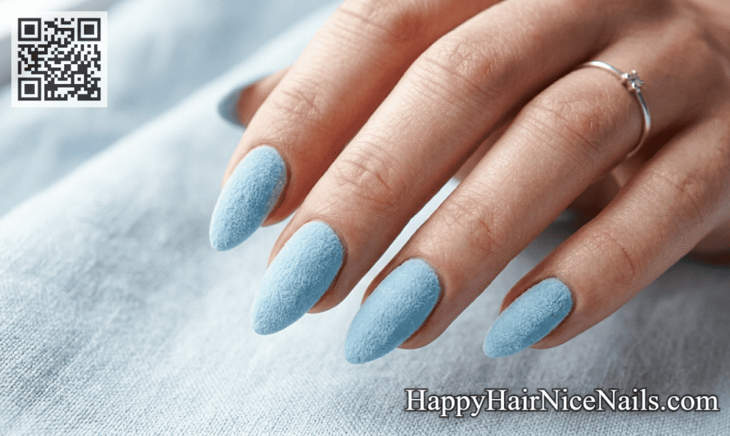 Ice Blue with Velvet Powder Finish Spring Almond Nails