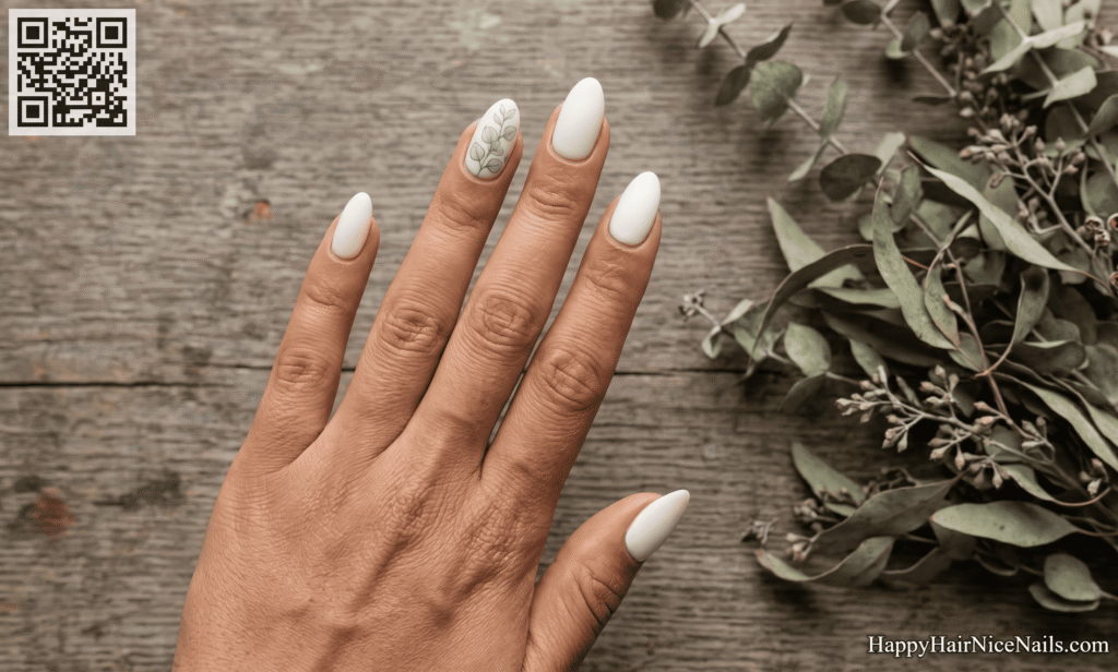 Warm White with Dried Eucalyptus Detail Spring Almond Nails