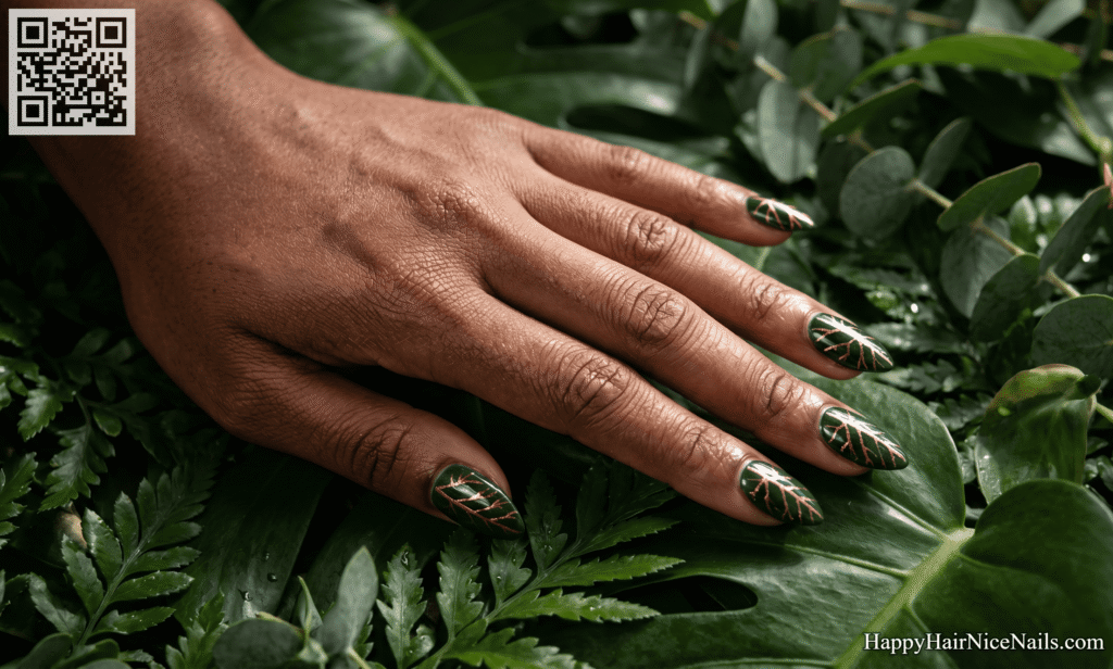 Forest Green with Copper Leaf Veining Spring Almond Nails