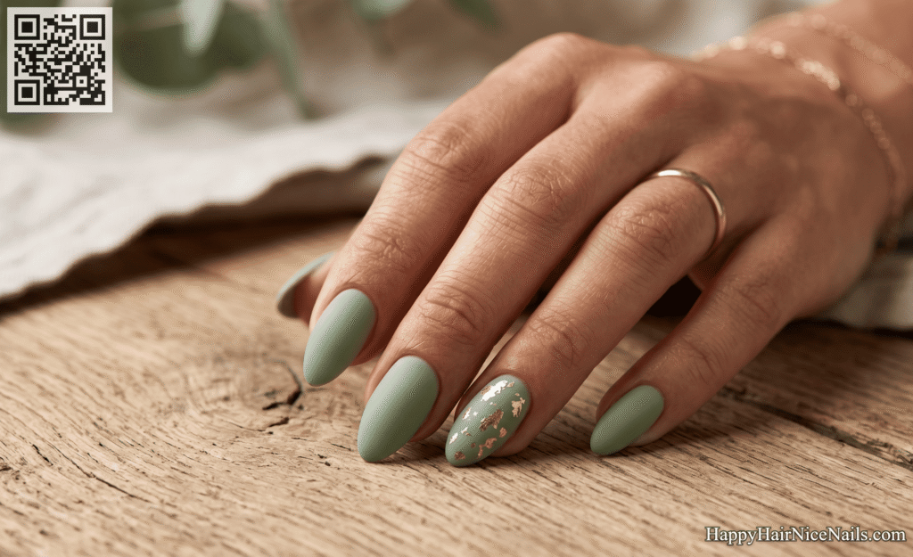 Sage Green with Gold Foil Fragments Spring Almond Nails