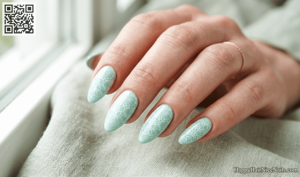 Mint Green with White Lace Stamping Spring Almond Nails