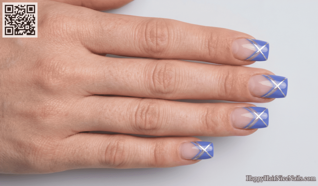 Periwinkle Spring French Tips with Silver Geometric Lines
