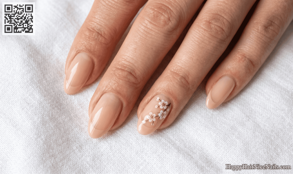 Beige Spring French Tips with Micro Cherry Blossoms