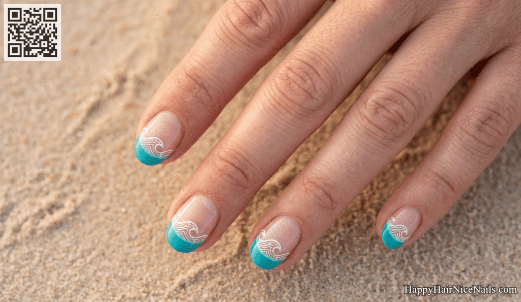  Turquoise Spring French Tips with White Stamped Waves