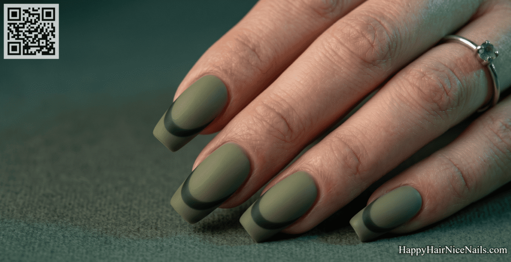 Olive Green Spring French Tips with Black Tip Shadow