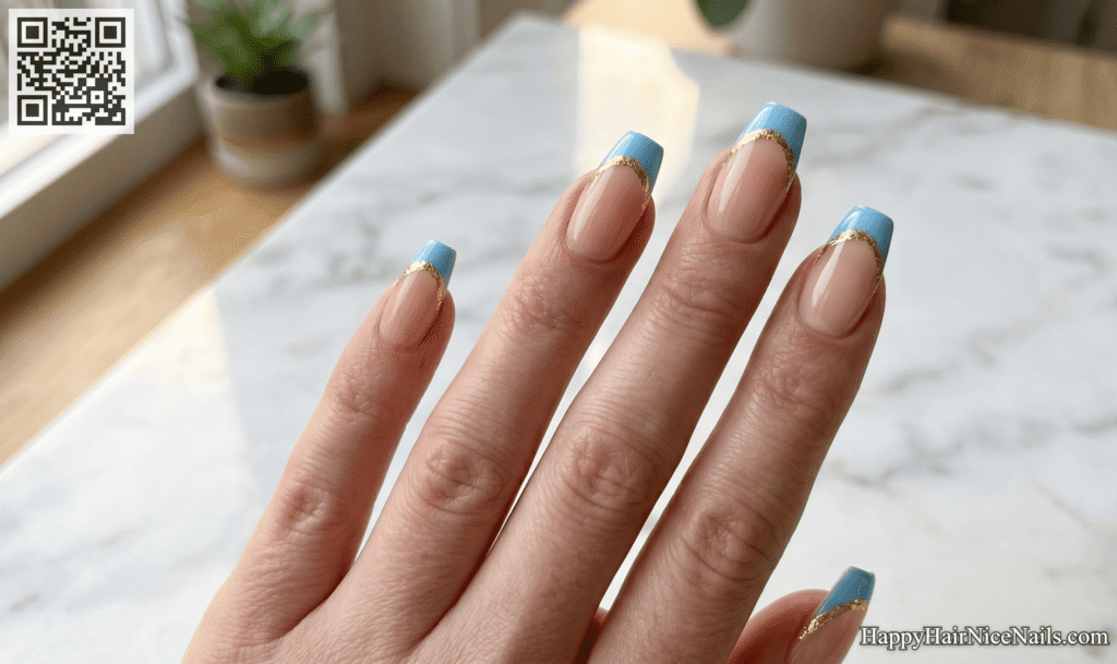 Baby Blue Spring French Tips with Gold Foil Edge