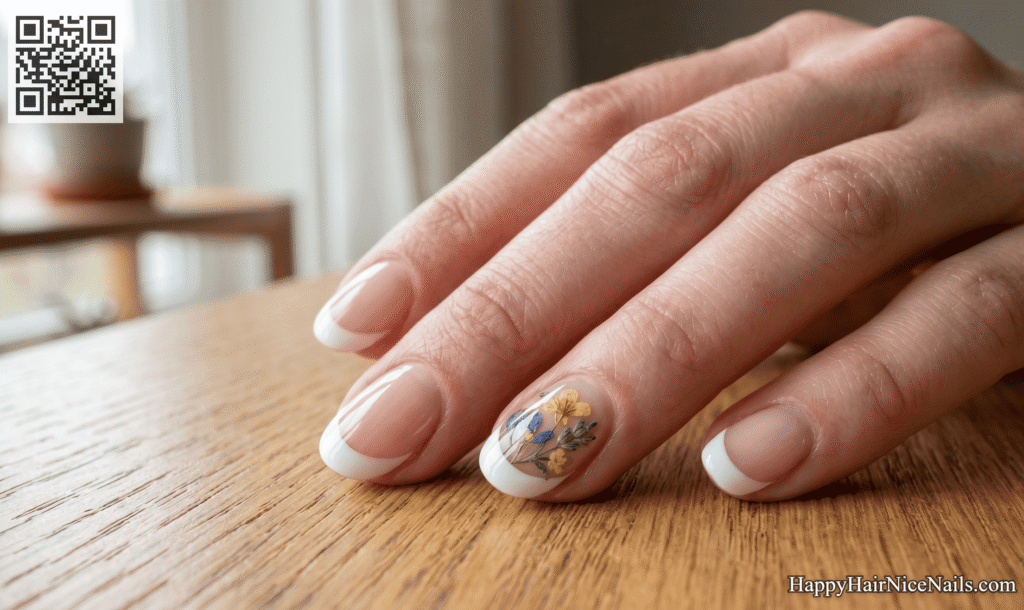 White Spring French Tips with Pressed Flower Detail