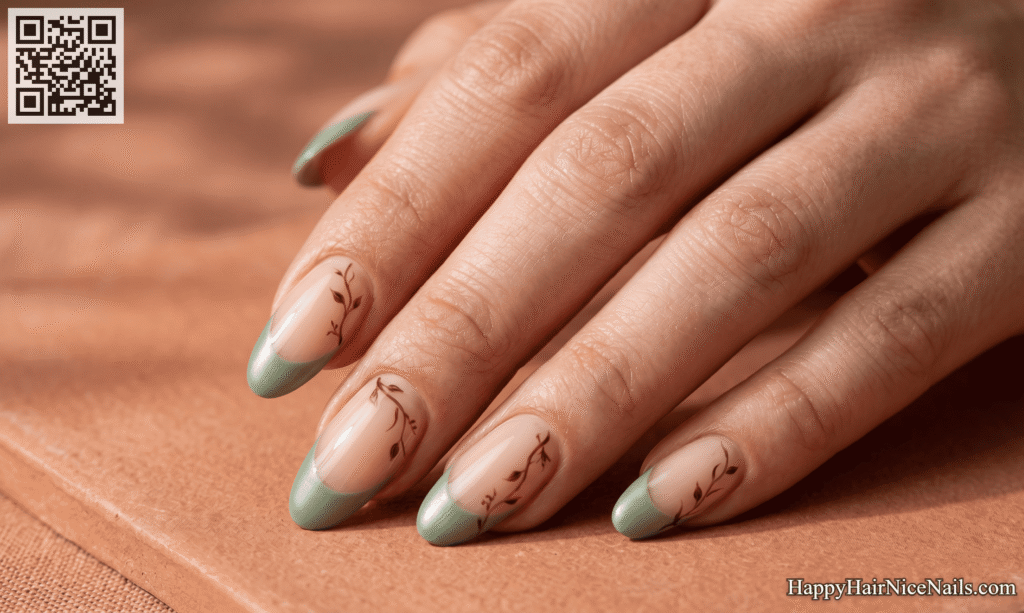  Sage Green Spring French Tips with Hand-Painted Vines