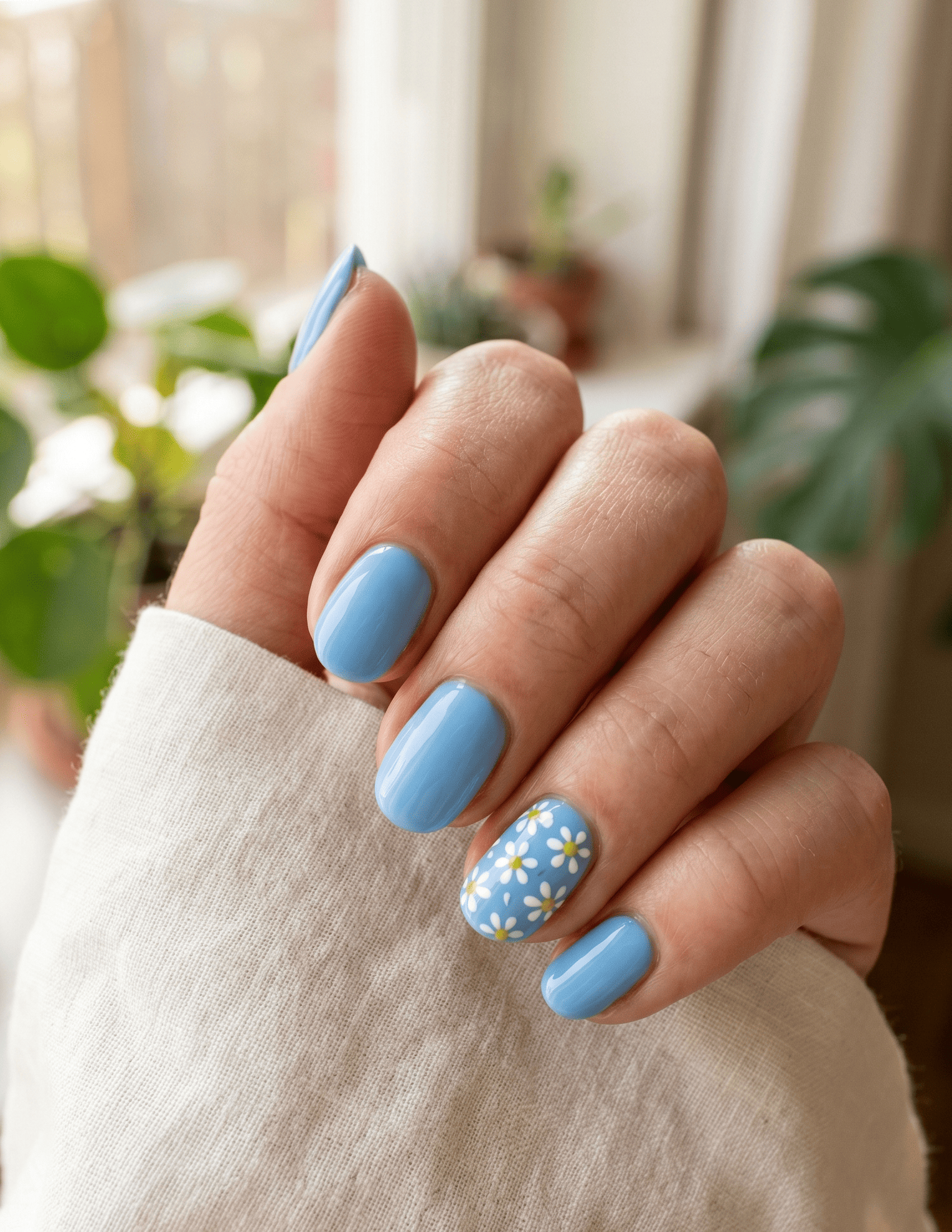 White Daisy on Sky Blue Spring Nails