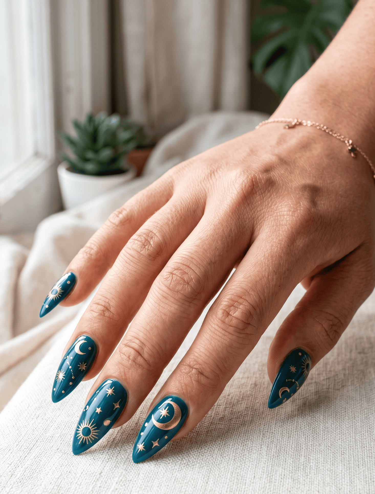 Teal and Gold Celestial Spring Nails