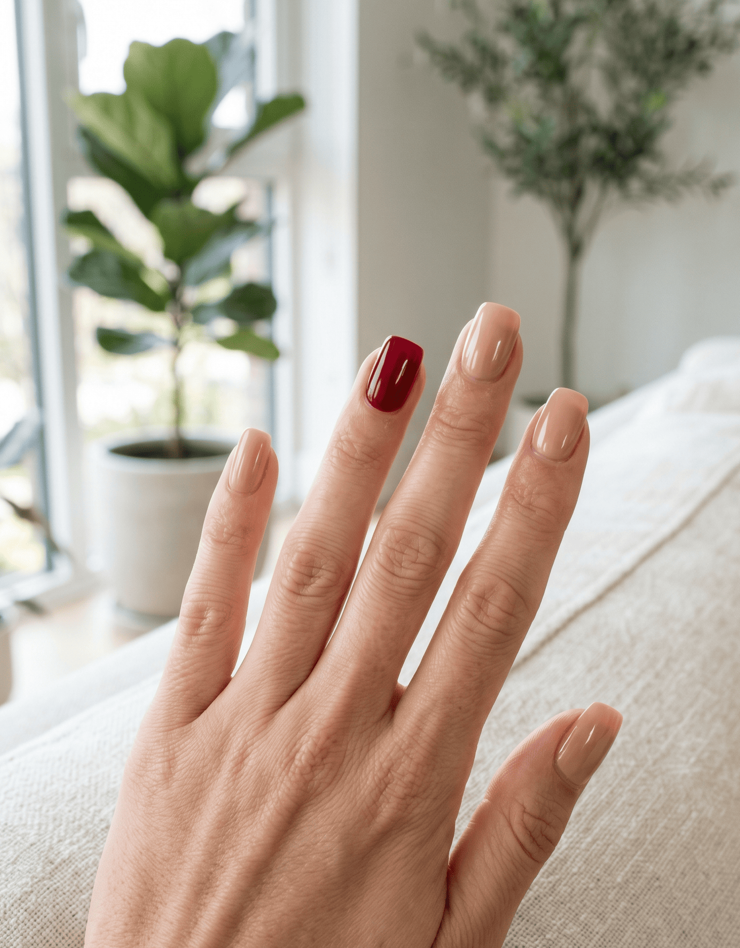 Nude Nails with a Single Red Accent