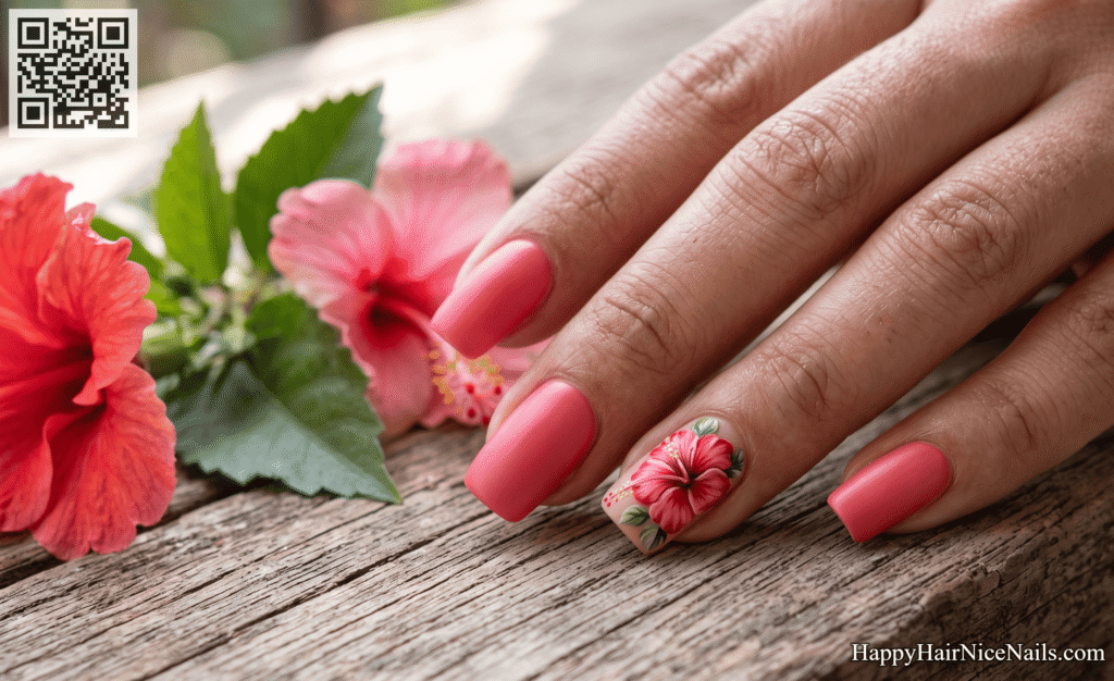 Hibiscus Red-Pink Floral Accent Nail