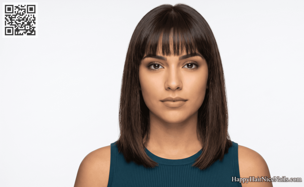 Full Fringe Lob — A Forehead-Covering Lob Hairstyle for Round Face Proportion