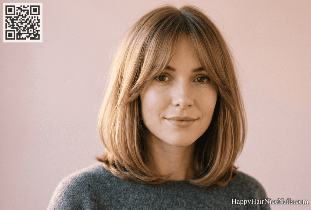  Lob with Curtain Bangs and a Rounded Perimeter