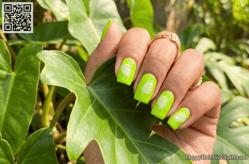 Lime Green Stamped Palm Leaf Neon Summer Nails