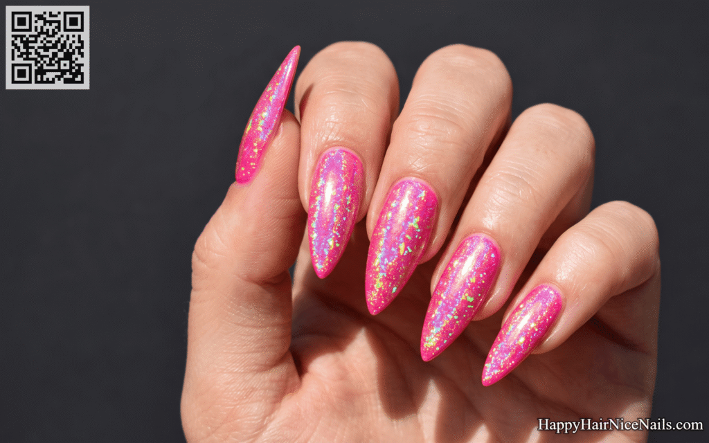 Neon Pink Holographic Neon Summer Nails