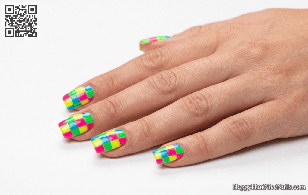Neon Multicolor Checkerboard Neon Summer Nails