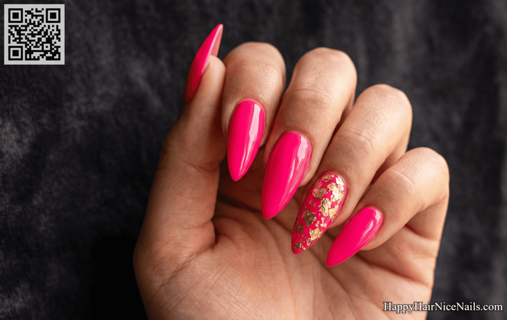 Hot Pink Foil Accent Neon Summer Nails