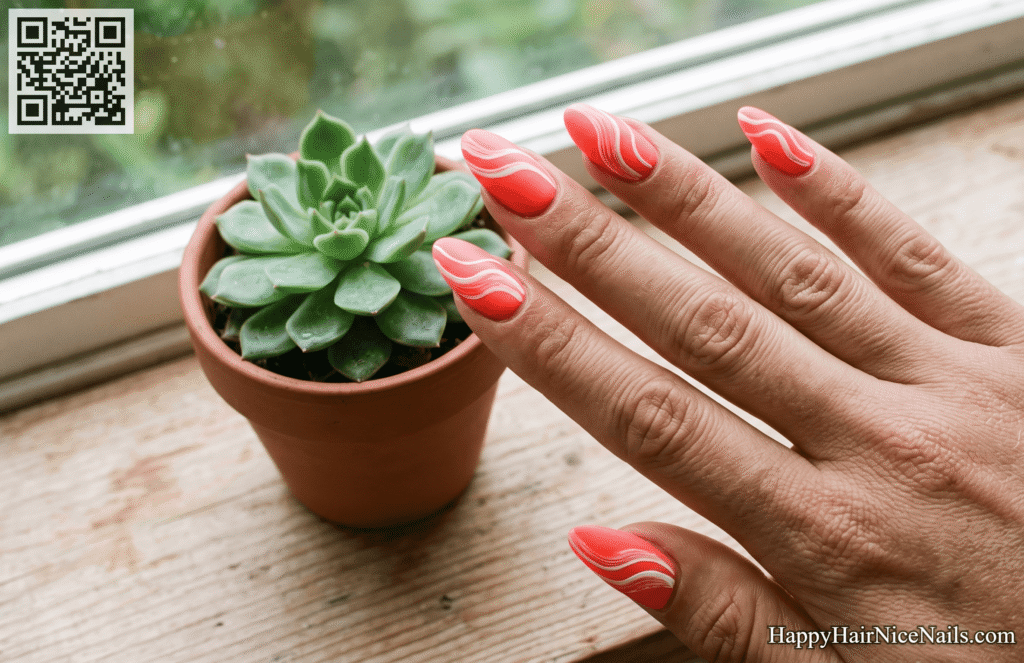 Neon Coral Hand-Painted Wave Neon Summer Nails