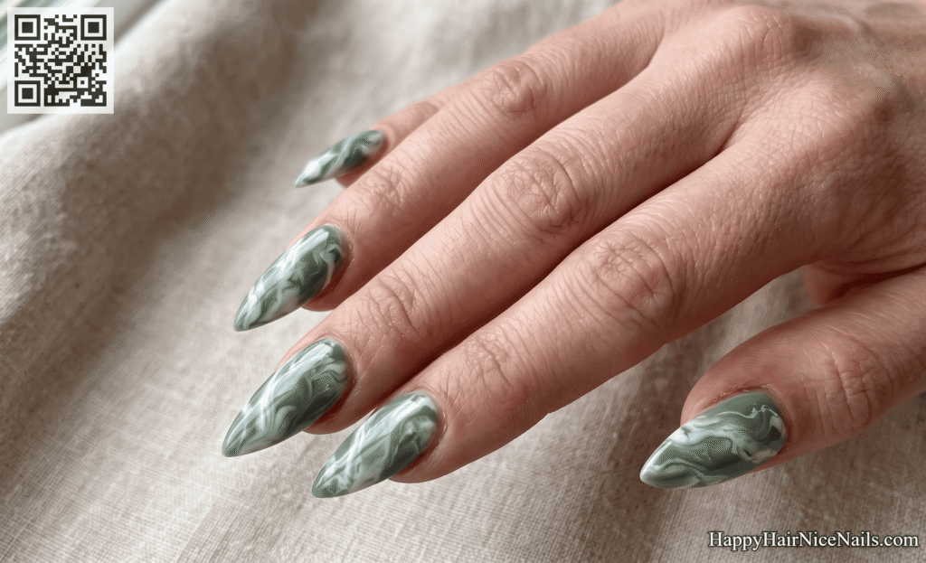 Sage Green Spring Nails Marble Effect