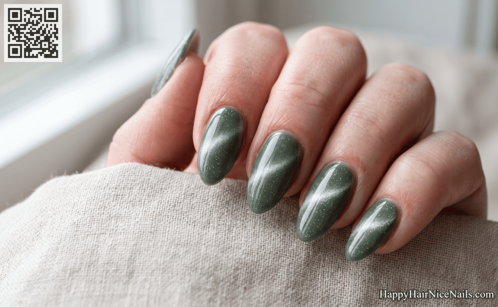 Sage Green Spring Nails Cat-Eye Effect