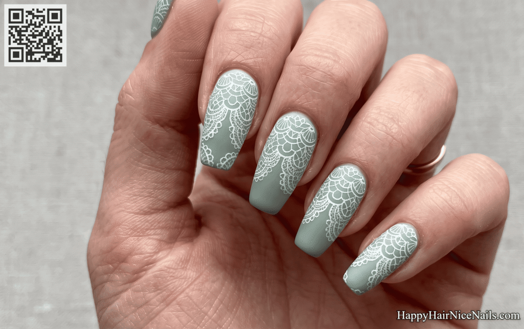 Sage Green Spring Nails Lace Stamping