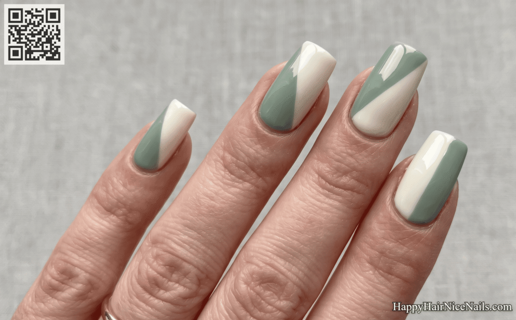 Sage Green Spring Nails Color-Blocked with Cream