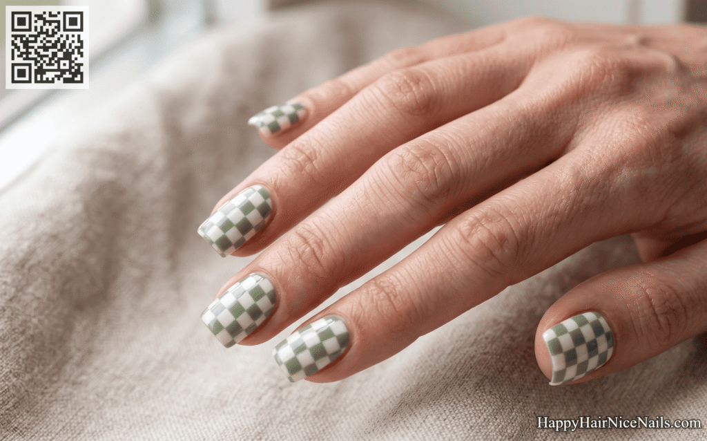 Sage Green Spring Nails Checkerboard Pattern