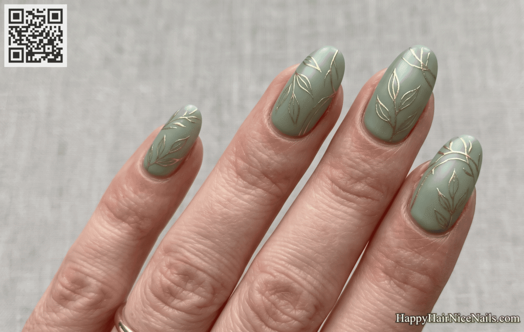 Sage Green Spring Nails with Dainty Gold Line Art