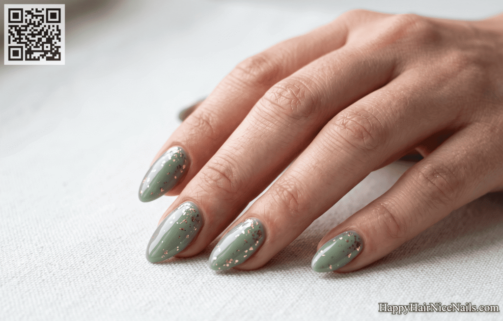 Sage Green Spring Nails with Gold Foil Flecks