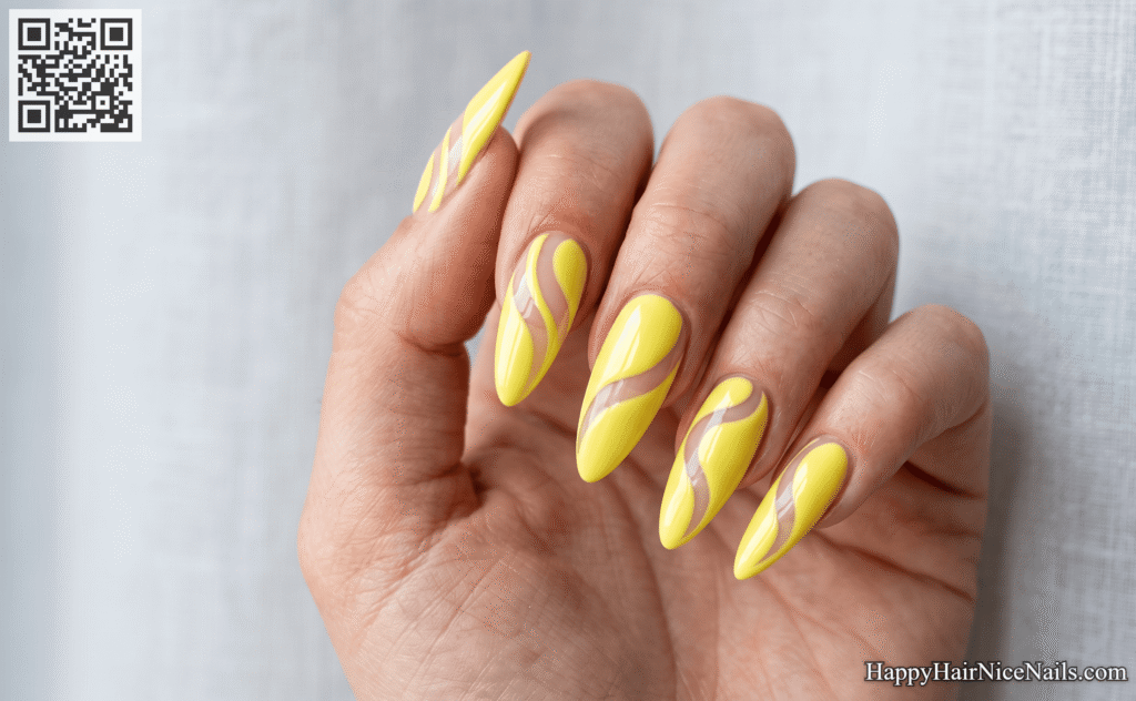  Lemon Yellow Negative Space Swirl Spring Acrylic Nails