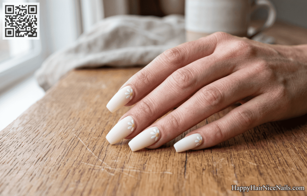 Cream Hand-Painted Daisy Spring Acrylic Nails